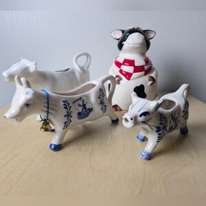 Vintage Collection Of Three Cow Creamers And A Cow Candy Jar.
